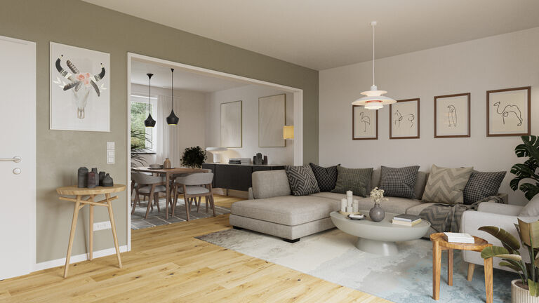 3D-Visualisierung eines offenen Erdgeschoss-Wohnzimmers mit Übergang zum Essbereich.
