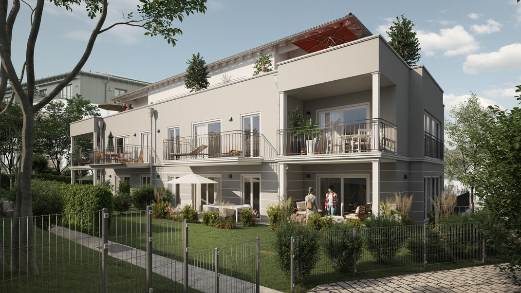 3d Ansicht Mehrfamilienhaus im Sonnenlicht
