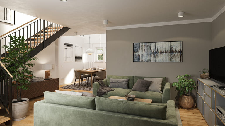 3D-Visualisierung eines Wohnzimmers im Obergeschoss mit grünem Sofa und Blick zum Essbereich.