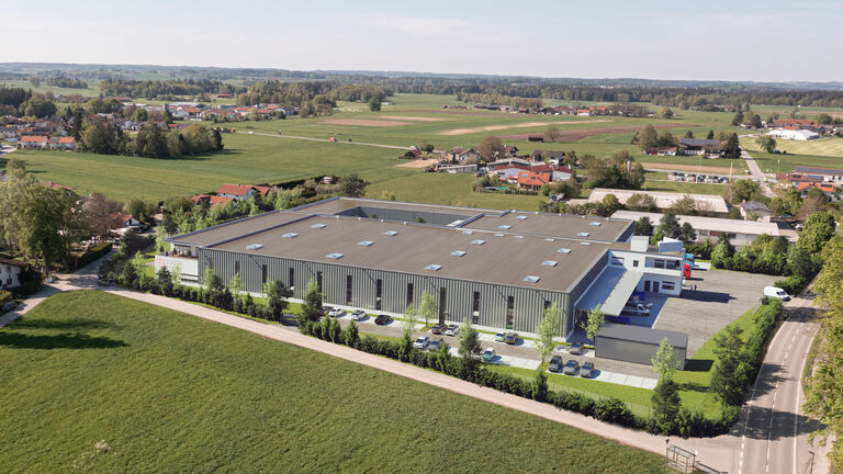3d Visualisierung in einem Luft von einer gewerblichen Produktionshalle mit Büroanbau