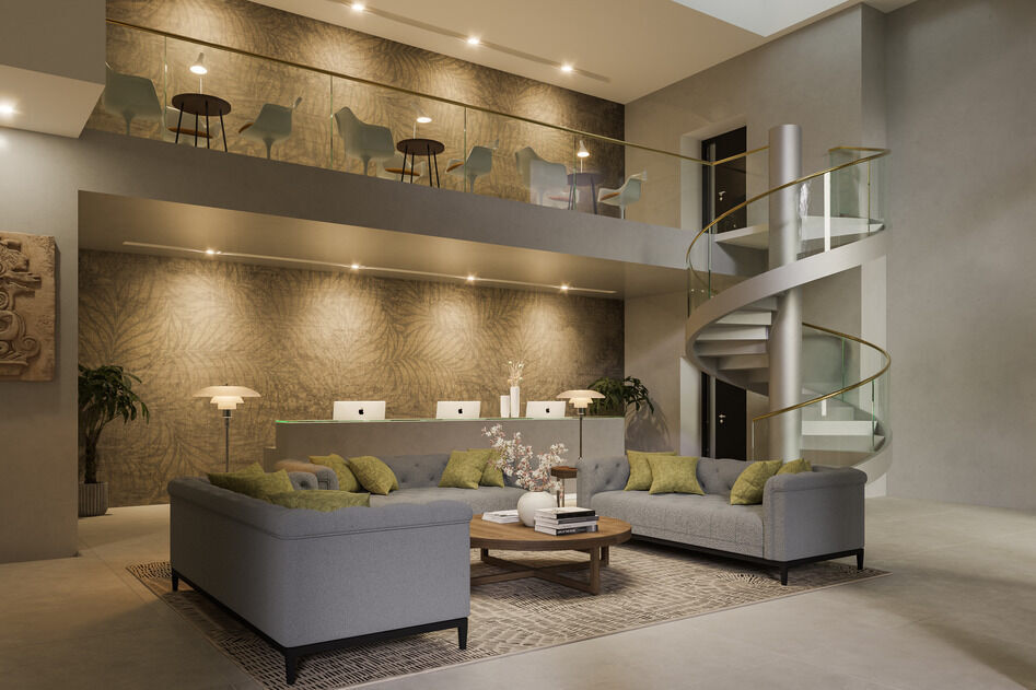 Innenraumrendering einer großzügigen Lobby: K-More Tapete mit goldener Struktur, Sitzgruppe, Empfangstresen und skulpturaler Wendeltreppe im Hintergrund. 3D-Visualisierung einer Hotel-Lobby mit goldfarbener Struktur-Tapete von K-More und Freitreppe.