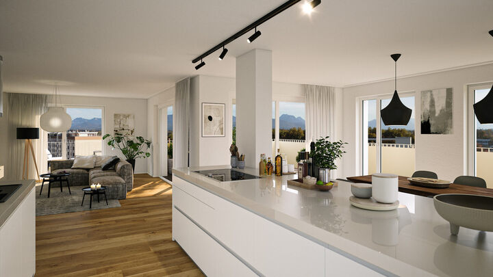 Helles Wohn- und Esszimmer des Projekts DAS BAYER mit Bergblick als 3D-Rendering