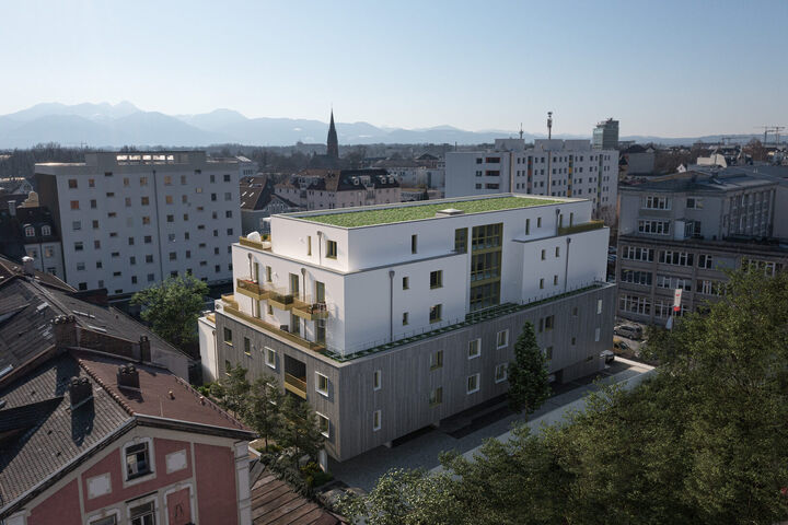 3D-Außenvisualisierung der Nordostansicht des Neubauprojekts DAS BAYER in Rosenheim
