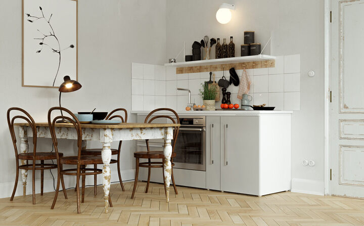 50er Jahre Altbauwohnung mit Pantry Küche und Esstisch 3d-visualisierung