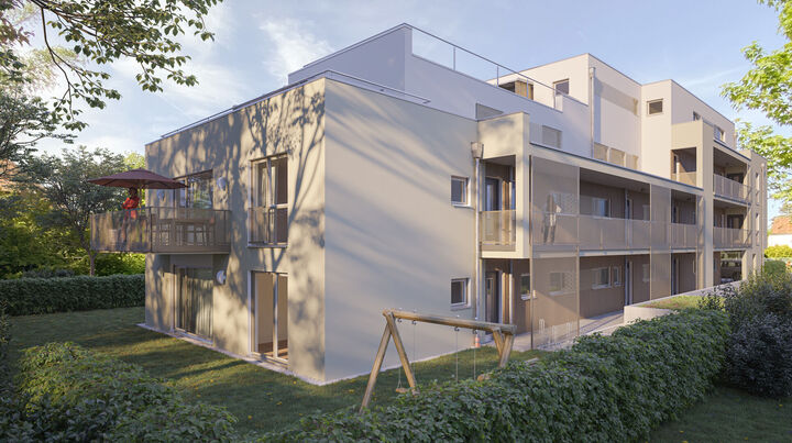 3d Visualisierung eines Apartmenthauses in Rosenheim, Gartenansicht in Morgensonne