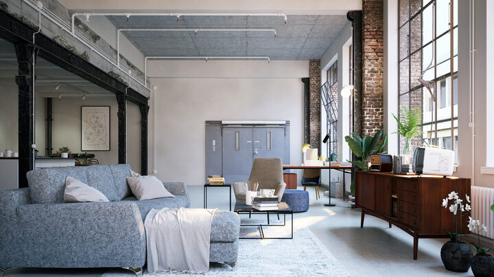 Loft Apartment mit 50er Jahre vintage Möbel und hohen Fenstern