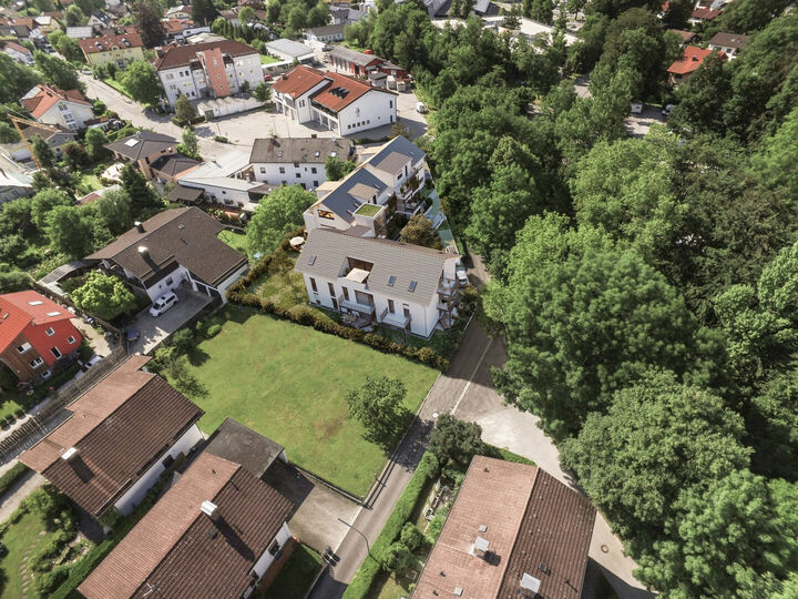 Luftbild-Visualisierung des Neubauprojekts in der Hochriesstraße in Bad Aibling, nahe der Mangfall