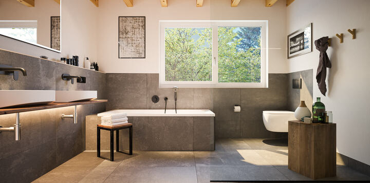 luxus badezimmer mit fenster und grauen designfliesen