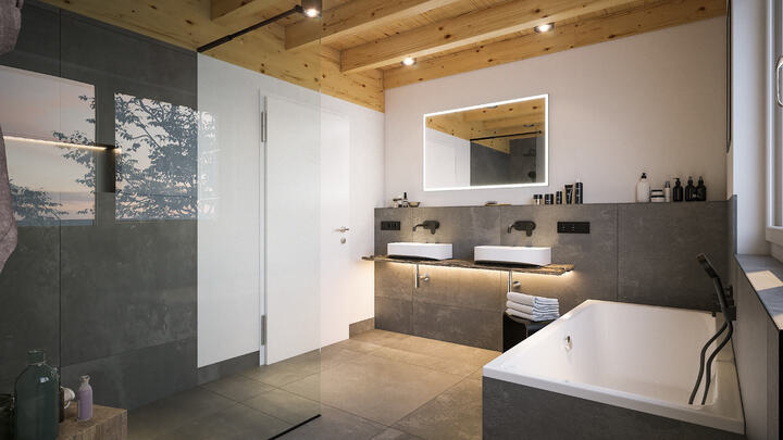 badezimmer gross mit holzbalkendecke und Beleuchtung 