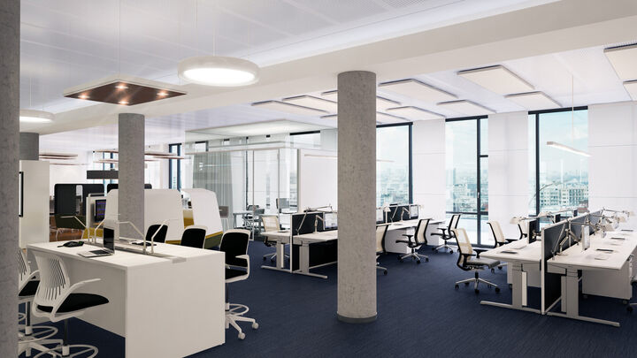 3D-Visualisierung einer modernen Büroarbeitswelt mit Steelcase-Möblierung, abgestimmten Zonen für Einzel- und Teamarbeit sowie großflächigen Fensterfronten
