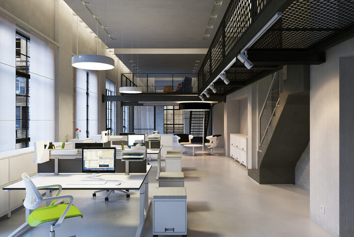 3D-Visualisierung eines offenen Büro-Lofts im Industrial Style mit Steelcase-Arbeitsplätzen und Galerieebene