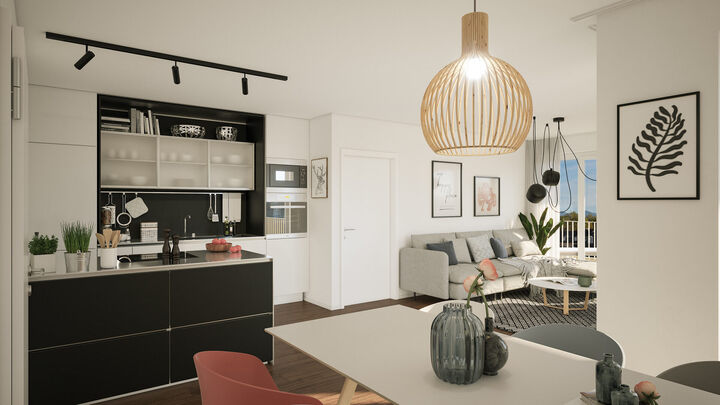 Innenraum-Rendering der 4.-OG-Wohnung im Projekt DAS BAYER, offener Wohnbereich