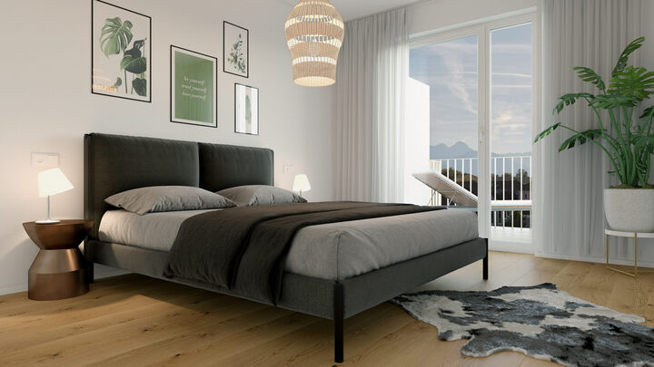 Schlafzimmer mit Balkonzugang und Bergblick als 3D-Visualisierung für DAS BAYER