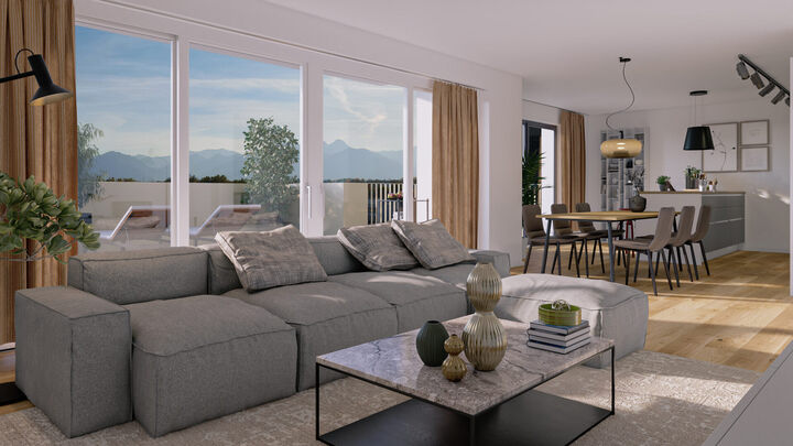Wohnzimmer-Rendering im Projekt DAS BAYER mit Bergblick und großer Fensterfront