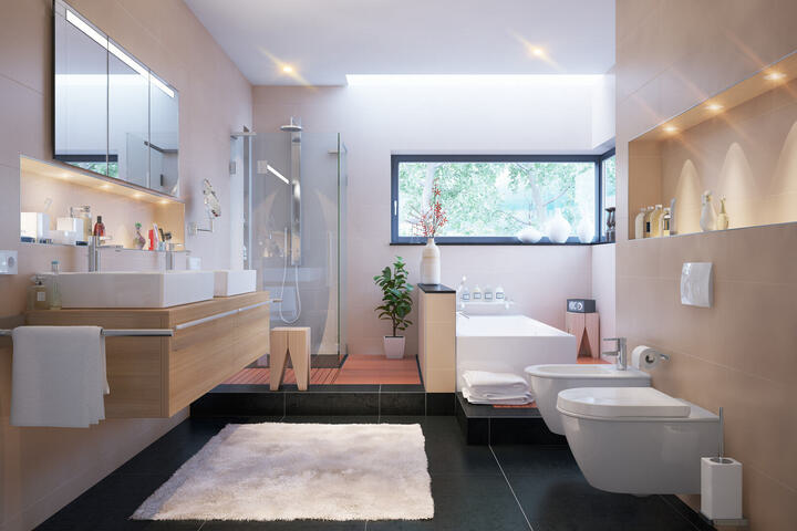 Helles Badezimmer mit Doppelwaschtisch, Natursteinverkleidung und großzügigem Grundriss – ideal für moderne Wohnkonzepte