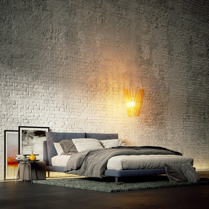 3D-Visualisierung eines modernen Schlafzimmers mit rauer Backsteinwand, stimmungsvoller Hängelampe und minimalistischer Einrichtung im Industrial-Stil
