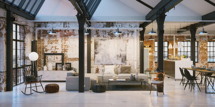 Zentraler Blick in open Space Wohnloft und Ziegelwand 3d rendering