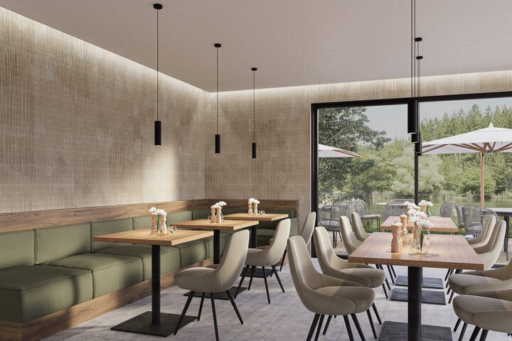 3D-Visualisierung eines hellen Café-Bereichs mit naturbeiger Wandtapete von K-moor und Sitznischen