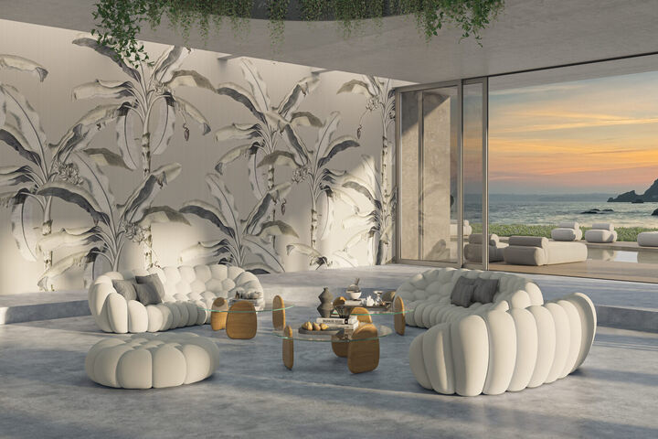 3D-Visualisierung einer modernen Lounge mit großformatiger Bananenblatt-Tapete von K-moor