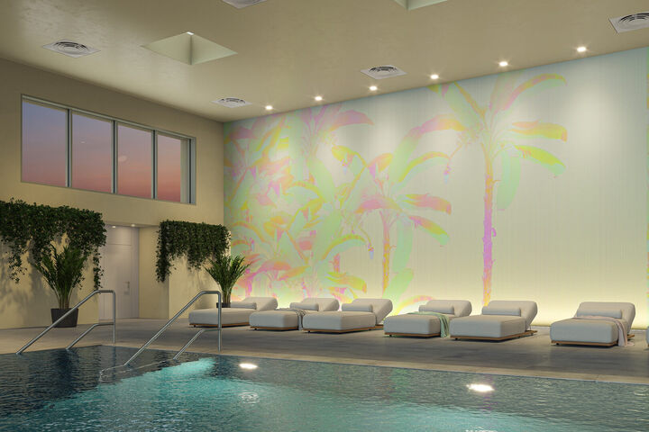 3D-Visualisierung eines Spa-Bereichs mit pastellfarbener K-moor Wandtapete und Relaxliegen am Beckenrand