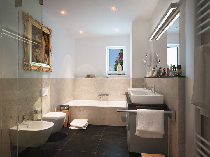 3D-Visualisierung eines klassisch-eleganten Badezimmers mit Kunst an der Wand, Doppelwaschtisch und Badewanne