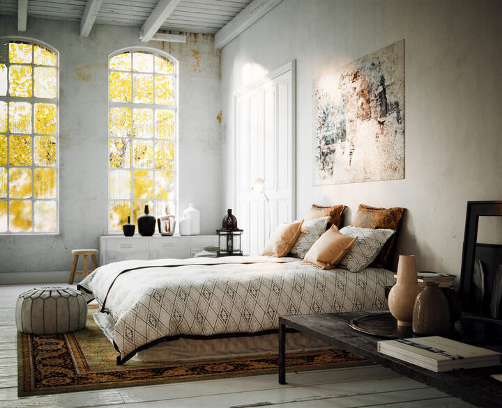 3D-Visualisierung eines loftartigen Schlafzimmers mit hohen Fenstern, orientalischem Teppich, Vintage-Deko und industriellen Designelementen