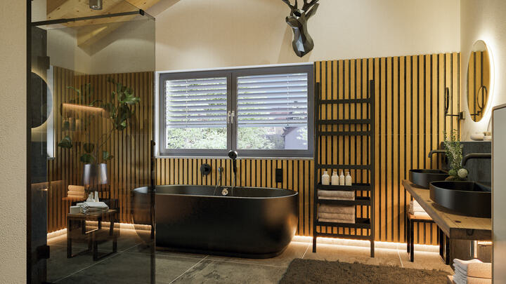 design badezimmer mit holzvertäfelung und dachschrägen 