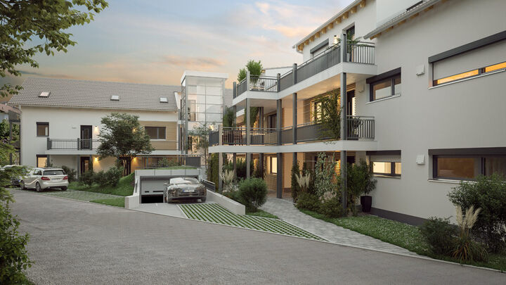 3D-Visualisierung der Ostseite des Gebäudes bei Sonnenuntergang, Bad Aibling Hochriesstraße
