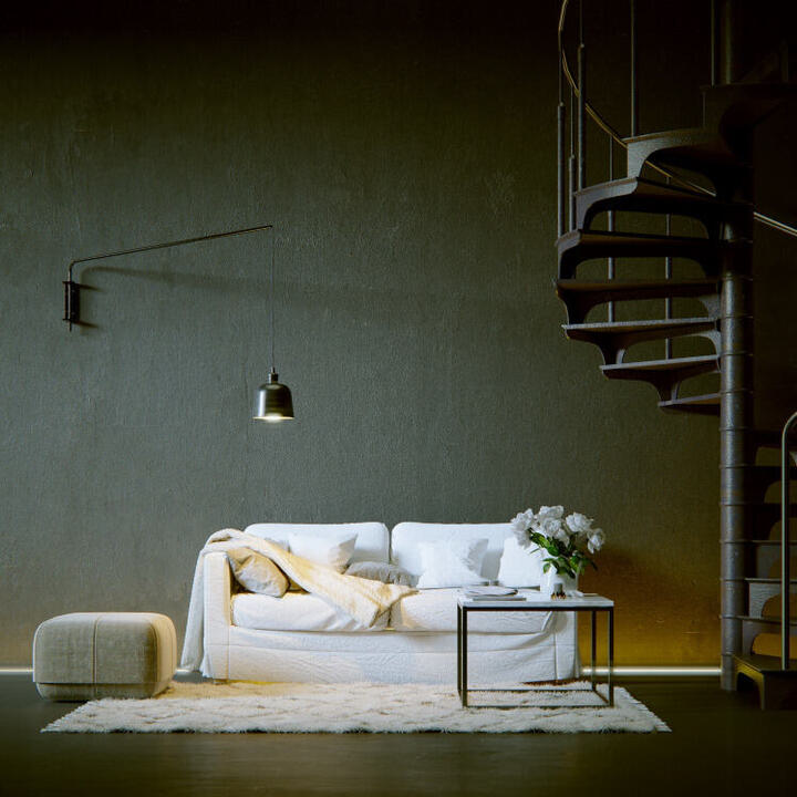 Milieu 3d Visualsisierung mit Stahltreppe und Sofa 3d Rendering