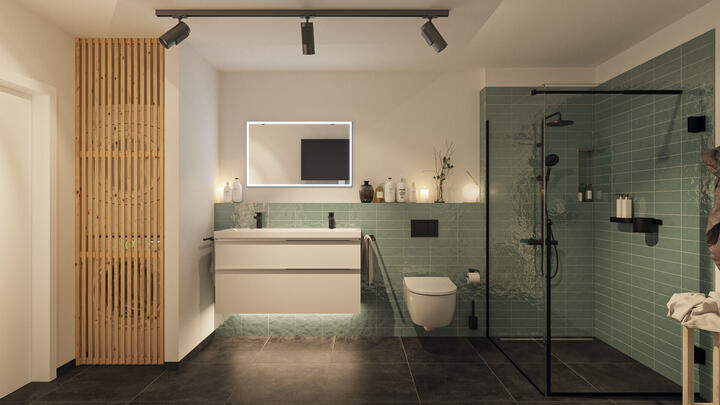 Stilvolles Badezimmer mit grünen Retrofliesen, Dusche und clever integrierter Waschmaschinenlösung