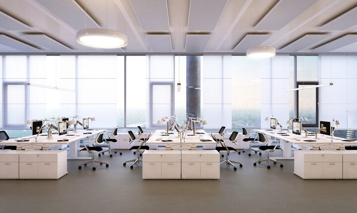 3D-Visualisierung eines lichtdurchfluteten Open-Space-Büros mit Steelcase-Arbeitsplätzen, mehrfach belegbaren Schreibtischen und ergonomischer Möblierung