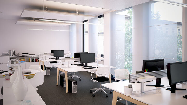 3D-Visualisierung moderner Steelcase-Arbeitsplätze mit neutralem Farbkonzept, Tageslichtnutzung, ergonomischen Bürostühlen und funktionaler Organisation